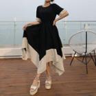 Two-tone Short-sleeve A-line Hanky Hem Dress