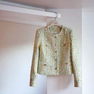 Round-neck Button-detail Tweed Jacket Green - One Size