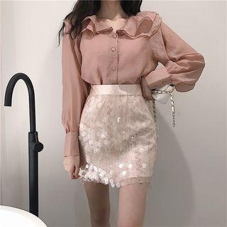 Ruffle-trim Long-sleeve Blouse Pink - Shirt - One Size