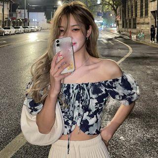 Puff-sleeve Tie Dye Tie-strap Cropped Blouse As Shown In Figure - One Size