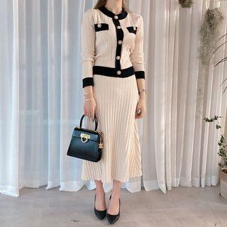 Set: Contrast Trim Cardigan + Skirt