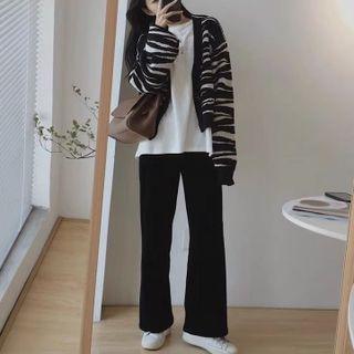 Zebra Print Cardigan / Plain T-shirt / Wide-leg Pants / Set