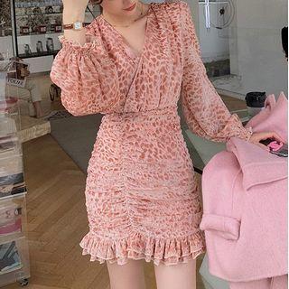 Ruffled Leopard Print Long-sleeve Mini Sheath Dress