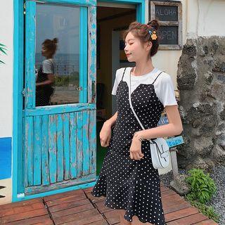 Set: Short-sleeve Top + Spaghetti Strap Mini Dotted Dress