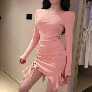 Long-sleeve Asymmetric Drawstring Dress