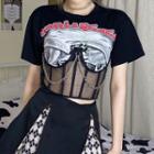 Short Sleeve Lettering Print Mesh Panel Crop Top