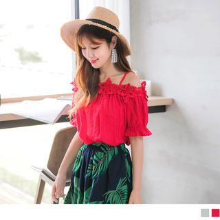 Smocked Cuff Lace Trim Off-shoulder Top