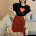 Short-sleeve Heart Print T-shirt / Shirred A-line Skirt