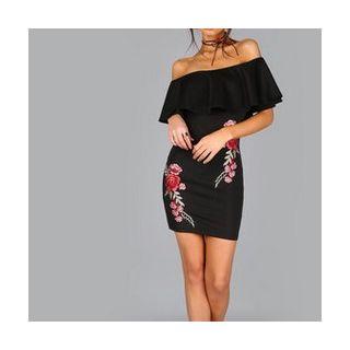 Floral Embroidered Frill Sheath Dress