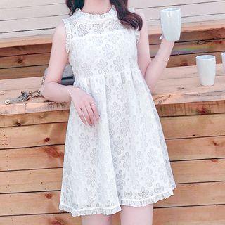 Sleeveless Mock-neck Floral Lace Mini A-line Dress
