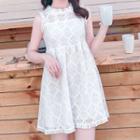 Sleeveless Mock-neck Floral Lace Mini A-line Dress