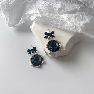 Sterling Silver Ribbon Drop Earring 1 Pair - Black - One Size