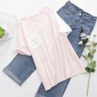 Short-sleeve Pig Printed Color-block T-shirt Pink - One Size