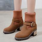 Buckled Block-heel Knit-panel Ankle Boots