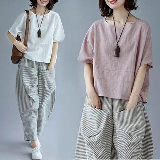 Plain Short-sleeve Round-neck Top