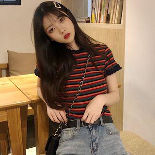 Short-sleeve Frill Trim Striped T-shirt