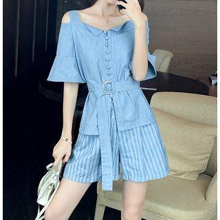Cold-shoulder Tie-waist Top + Striped Shorts