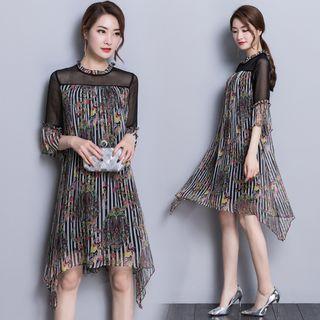 Mesh Panel Printed Elbow Sleeve Dress