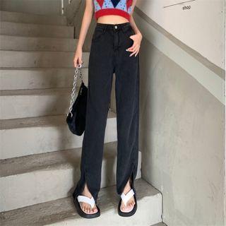 Mid Waist Washed Slit Wide Leg Jeans