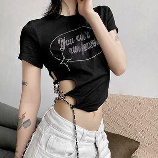 Short-sleeve Rhinestone Lettering Chain Crop Top