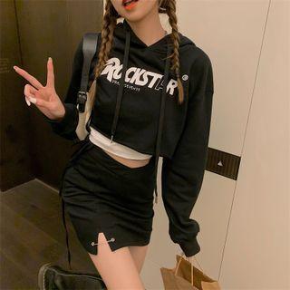 Lettering Print Crop Hoodie / Slit Mini Skirt
