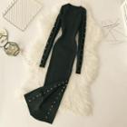 Long-sleeve Studded Midi Sheath Knit Dress