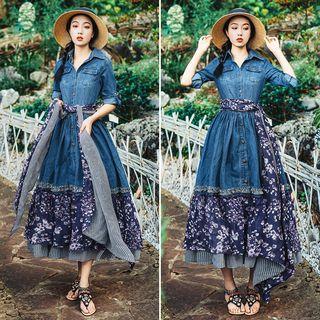 Floral Print Panel Long Sleeve Midi Denim Dress