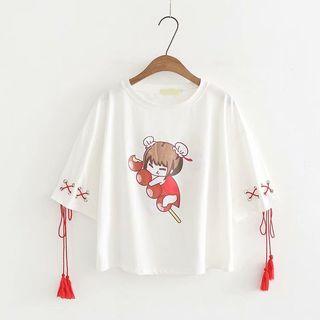 Tasseled Short-sleeve Printed T-shirt