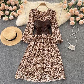 Set Of 2 : Faux Leather Cropped Camisole Top + Round-neck Leopard Print Chiffon Dress