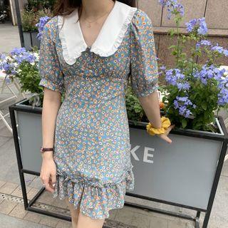 Puff-sleeve Collar Floral Dress