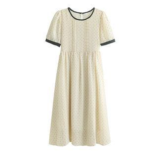 Short-sleeve Contrast Trim Midi A-line Dress Almond - One Size
