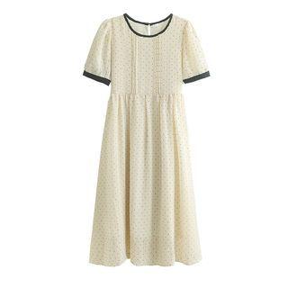 Short-sleeve Contrast Trim Midi A-line Dress Almond - One Size