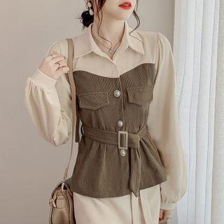 Long-sleeve Mock Two-piece Corduroy Panel Tie-waist Top