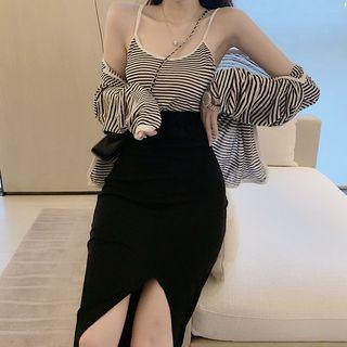 Striped Camisole Top / Light Jacket / Front Slit Pencil Skirt / Set