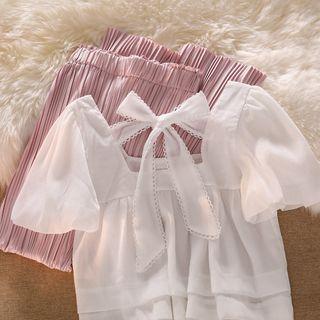 Short-sleeve Square Neck Blouse / Bootcut Pants