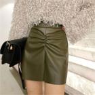 Shirred-front Faux-leather Mini Skirt