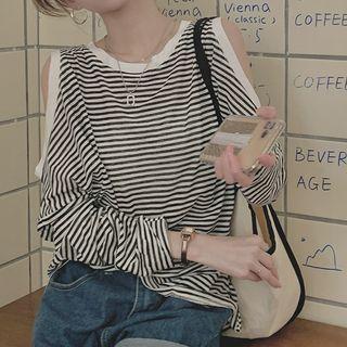 Long-sleeve Round-neck Wide Off-shoulder Top Top - One Size