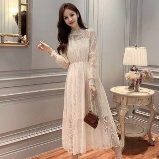 Lantern-sleeve Maxi A-line Lace Dress