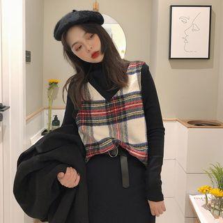 Plaid V-neck Vest / Plain Turtle-neck Long-sleeve Top