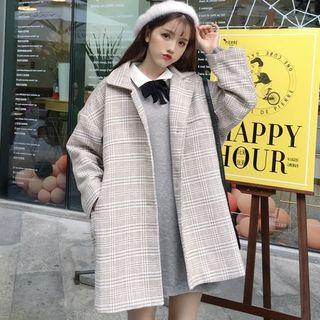 Long-sleeve Mini Knit Dress / Plaid Button Coat