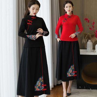 Long-sleeve Mandarin Collar Embroidered Top / Midi A-line Skirt