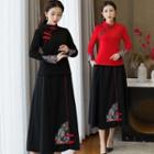 Long-sleeve Mandarin Collar Embroidered Top / Midi A-line Skirt