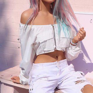 Long-sleeve Off-shoulder Zip Crop Top