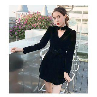 Long-sleeve Choker Neck Velvet Wide-leg Playsuit / A-line Mini Dress