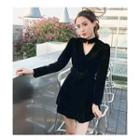 Long-sleeve Choker Neck Velvet Wide-leg Playsuit / A-line Mini Dress