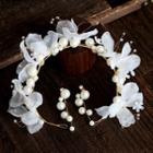 Wedding Set: Faux Pearl Mesh Petal Headpiece + Dangle Earring Set - Headband & 1 Pair Clip On Earrings - One Size