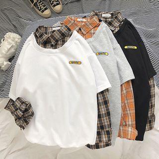 Mock Two-piece Plaid Panel T-shirt