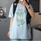 Short Sleeve Bear Print T-shirt Light Blue - One Size