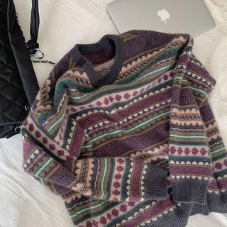 Contrast Color Patterned Sweater Purple - One Size
