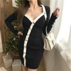 Color-block V-neck Long-sleeve Slim-fit Dress Black - One Size